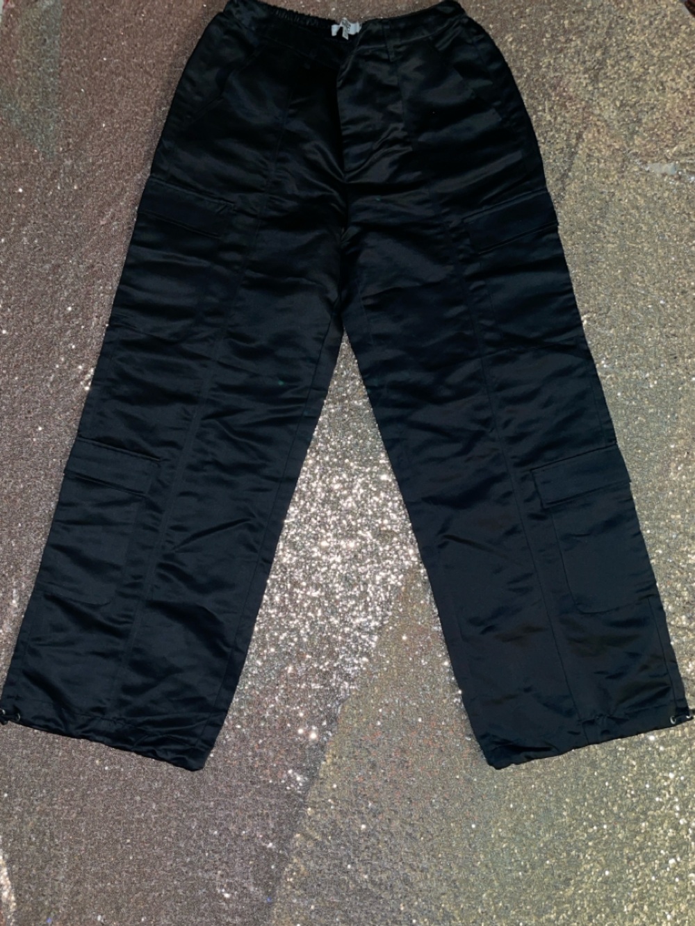 Black Satin Wide-Leg Cargo Pants